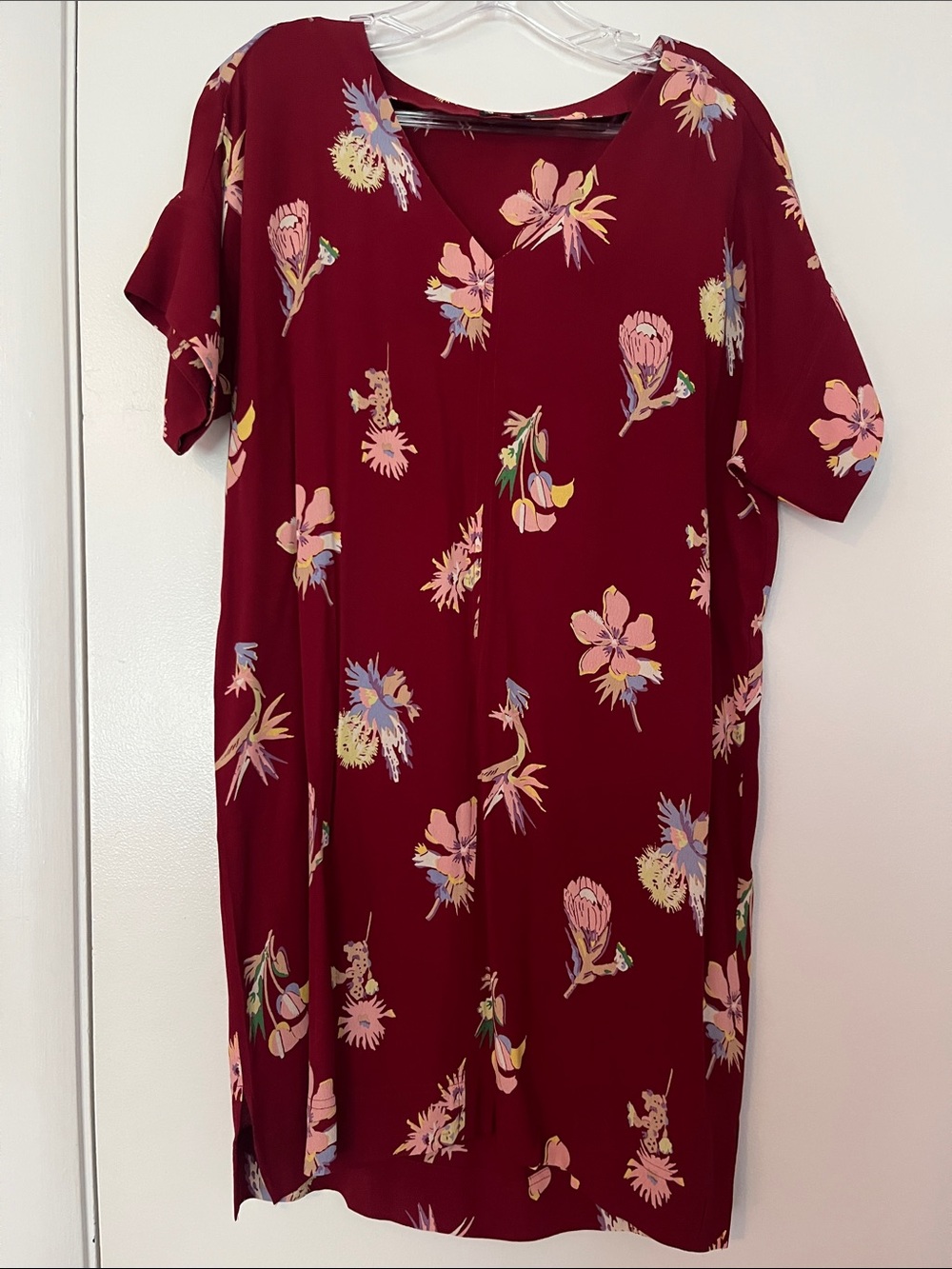 Madewell Floral V-Neck Shift Dress - Burgundy with Pink & Yellow Flowers